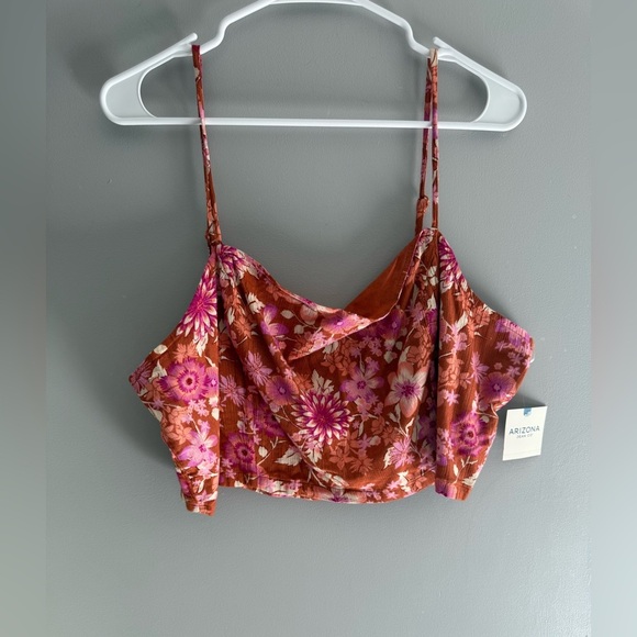 Arizona Jean Co Womens Red Floral Gauze Spaghetti Strap Smocked Crop Top XXL New - Picture 1 of 7